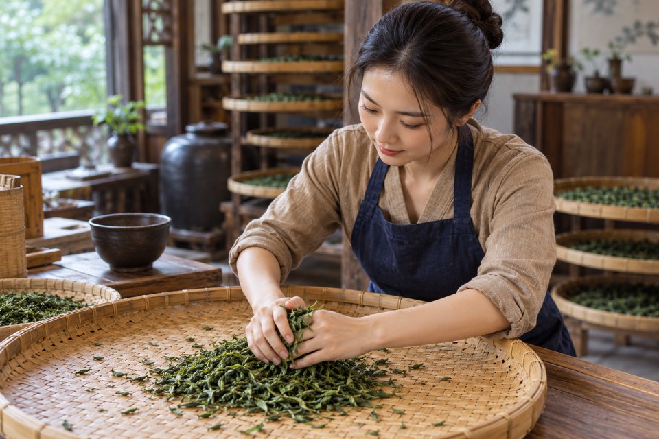 手工揉茶体验场景，双手在操作台前专注动作