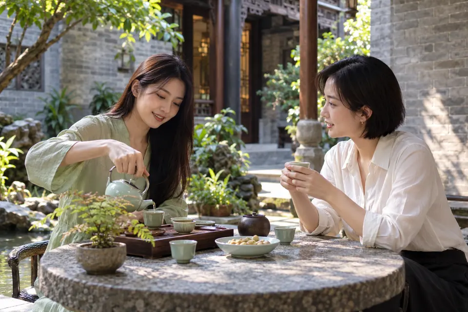 庭院中倒茶的交流场景，用于文化氛围示意