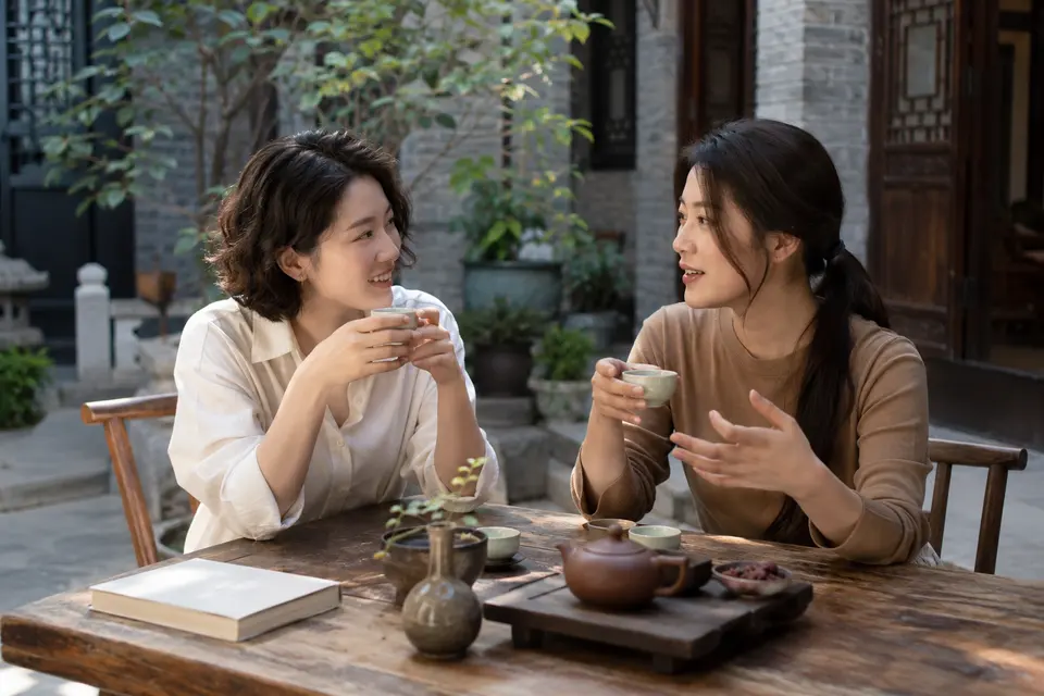 古院书桌旁茶友讨论的场景示意